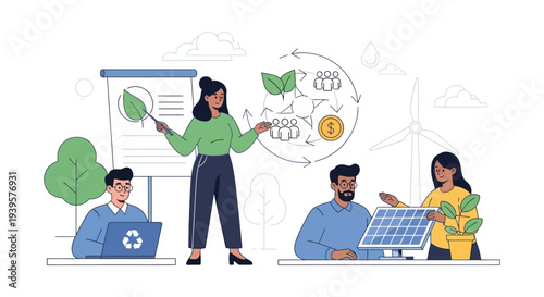 Sustainable Business Team Meeting: Discussing ESG, Green Economy, Renewable Energy, and Circular Solutions