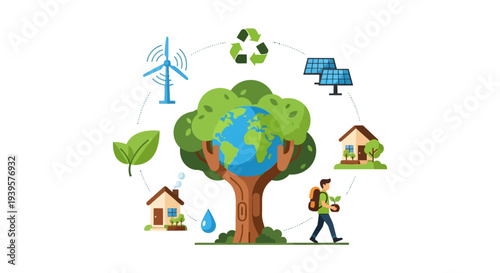 Global Environmental Sustainability Concept with Renewable Energy, Green Living, and Earth Protection Icons