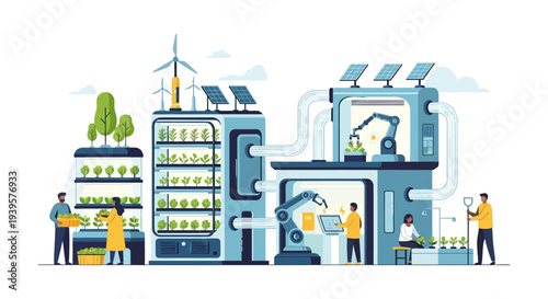 Future of Sustainable Agriculture: Smart Vertical Farming, Robotics, and Renewable Energy Illustration