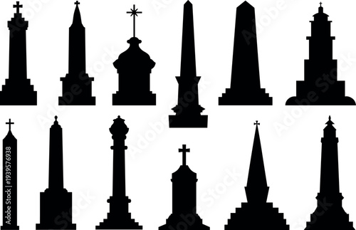 Collection of twelve monument and obelisk silhouettes arranged in rows, featuring crosses, spires, domes, and diverse commemorative architectural designs
