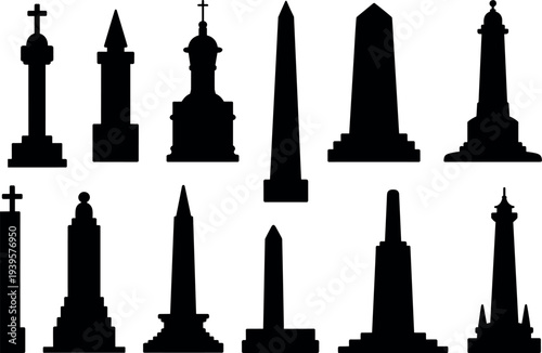 Collection of twelve monument and obelisk silhouettes arranged in rows, showcasing diverse architectural memorial designs with crosses, spires, and domes