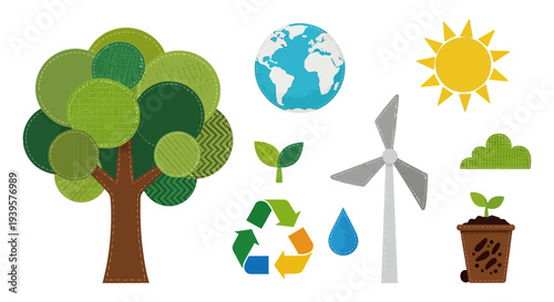 Stitched Fabric Eco Icons Set: Environment, Sustainability, Renewable Energy, and Nature Elements on White