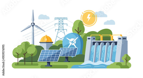 Renewable Energy Sources Illustration: Solar, Wind, and Hydroelectric Power Generation for a Sustainable Future
