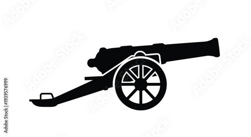 A detailed black silhouette of an antique cannon on display