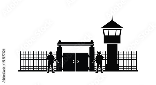 Prison entrance with guards and watchtower in stark silhouette
