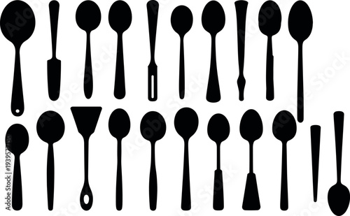 Collection of kitchen utensil silhouettes including spoons, spatulas, knives, and cooking tools arranged in rows, showcasing diverse designs and functions