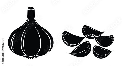 Black and white illustration of garlic bulb and cloves silhouette