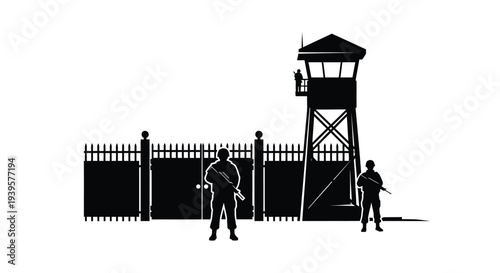 Guards and watchtower stand before a fence stark silhouette