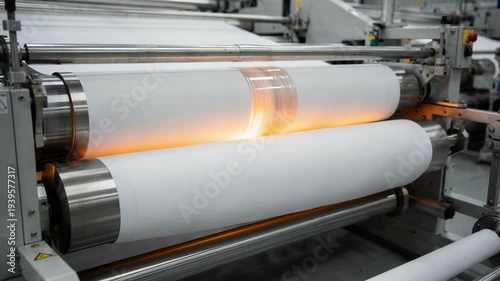 Medium framing of hotmelt adhesive lamination showing heated rollers fusing two paper webs seamlessly in a dynamic factory setting.
