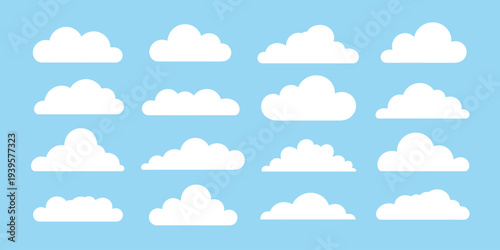 White cloud shapes on light blue background for graphic design  various fluffy cloud icons