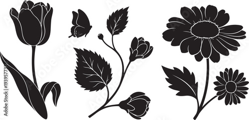 Black and white floral silhouettes with leaves and flowers