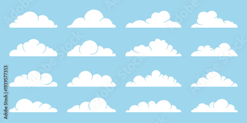 Collection of white cartoon clouds on light blue sky background for design