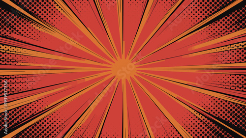 Vibrant pop art style sunburst graphic design element with rays and dots pattern