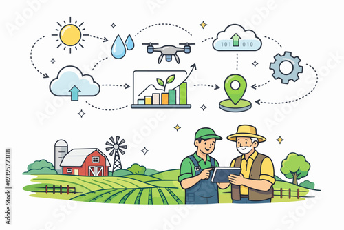 Farmers using tablet with smart agriculture data, drone, and cloud technology