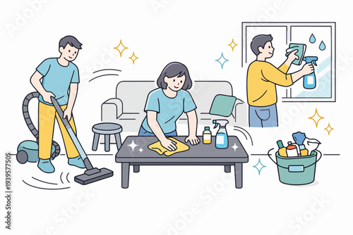 Family cleaning home together, vacuuming, wiping surfaces, and washing windows