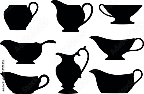 Set of eight pitcher and gravy boat silhouettes featuring diverse shapes, ornate handles, and classic tableware designs for kitchen decor