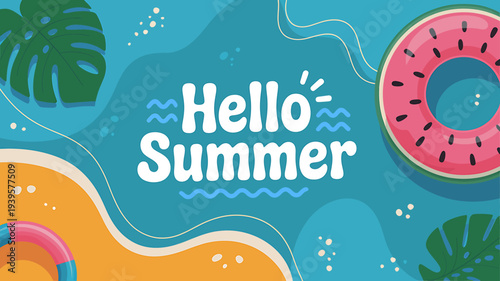 Hello Summer colorful illustration with inflatable ring and tropical leaves