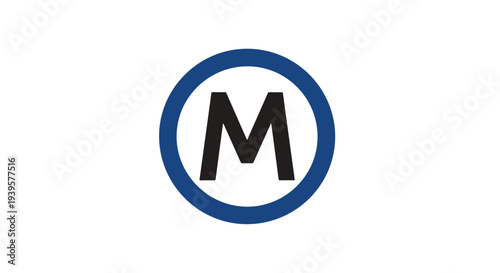 Close-up of a blue and white logo with a large black letter M in the center on a plain background.