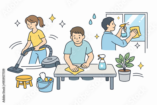 Family members working as a team, cleaning and tidying up their home