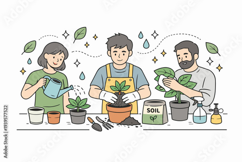Group of people enjoying hobby gardening, replanting and caring for houseplants