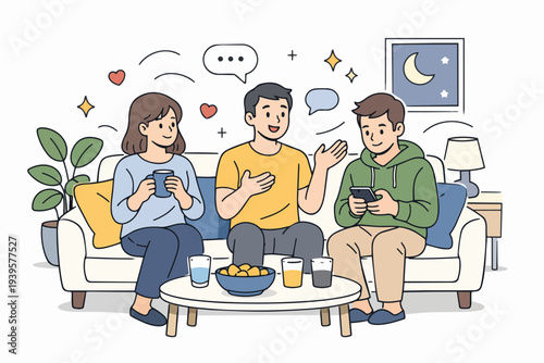 Friends socializing on a sofa, enjoying conversation and casual hangout at night