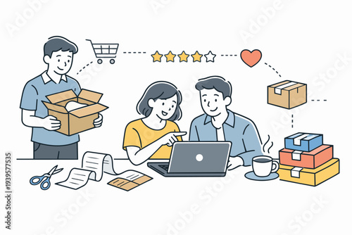 Couple shopping online, reviewing purchases, and managing e-commerce fulfillment