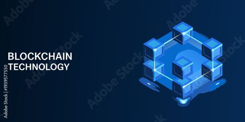 Blockchain technology concept with a glowing isometric cube illustration