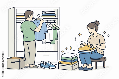 Couple organizing closet and doing laundry, decluttering home for clean living
