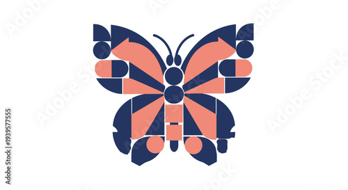 Geometric Butterfly Illustration with Coral and Navy.