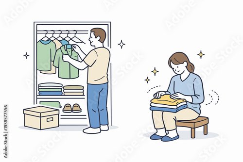 Couple organizing closet, man hanging clothes, woman folding laundry