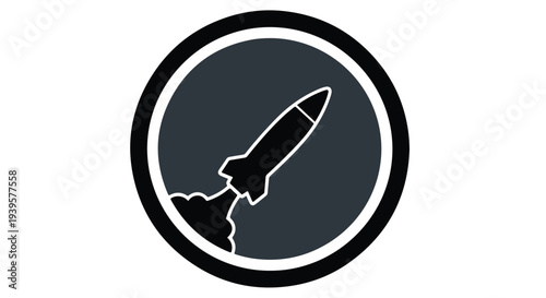 A minimalist icon of a rocket launching, depicted in white outline on a dark grey circle with a white border, set against a clean white background.