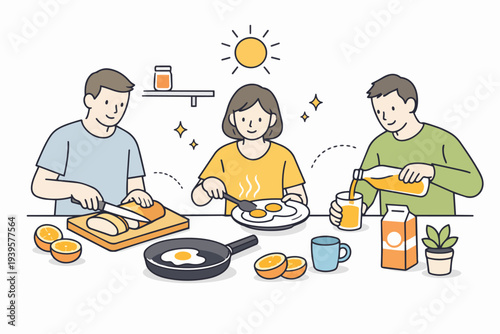Happy family cooking and enjoying a healthy breakfast together in the morning