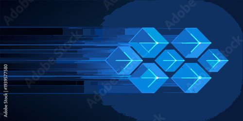 Abstract digital network of glowing blue cubes with speed lines