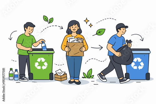 People recycling different types of waste into designated bins for sustainability