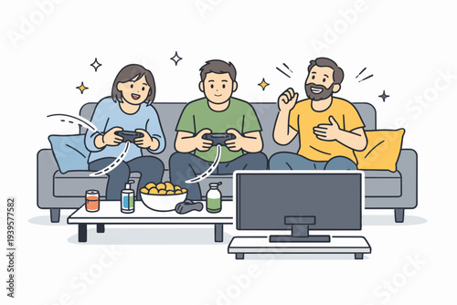 Group of friends relaxing on a sofa, playing video games and having fun