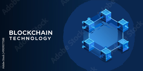 Blockchain technology concept with interconnected cubic blocks in a hexagonal form