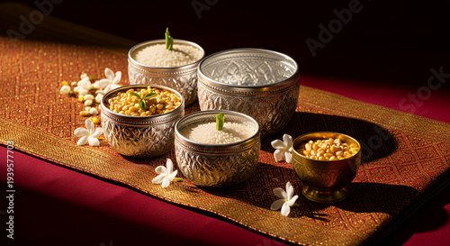 Royal Ploughing Ceremony, A detailed still life of ceremonial offerings including bowls of sacred rice, corn, and water placed on a fine Thai silk cloth with gold brocade