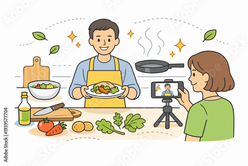 Man chef cooking and a woman filming cooking content for a food blog