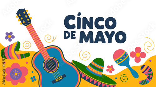 Cinco de Mayo celebration with guitar sombreros and maracas on white background