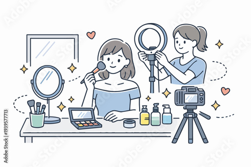 Woman vlogger filming beauty routine using ring light and digital camera
