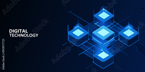 Abstract geometric design with glowing blue cubes and digital technology text