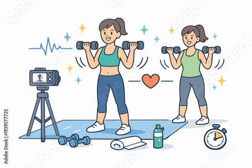 Woman streaming online fitness class, exercising with dumbbells at home