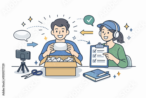 Content creator unboxing package for live video, getting guidance from a producer