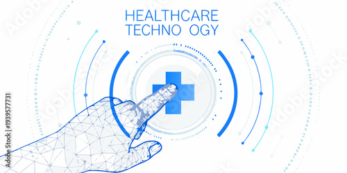 Healthcare technology concept featuring a hand interacting with a digital interface