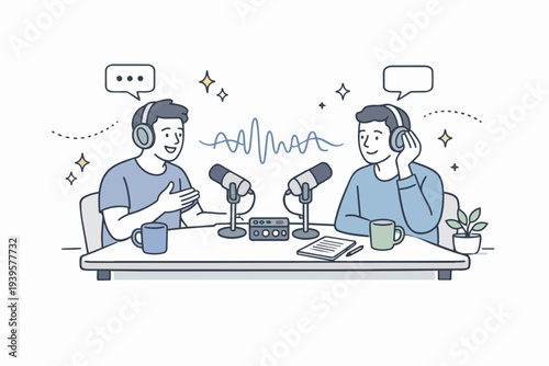 Two men broadcasting podcast, talking online with microphones and headphones