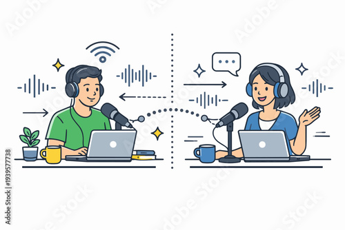 People podcasting together, communicating online with microphones and laptops