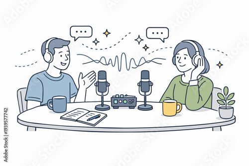 People recording podcast, broadcasting interview, having a conversation in studio