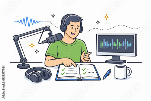 Man creating podcast content, recording audio, planning broadcast, and editing sound