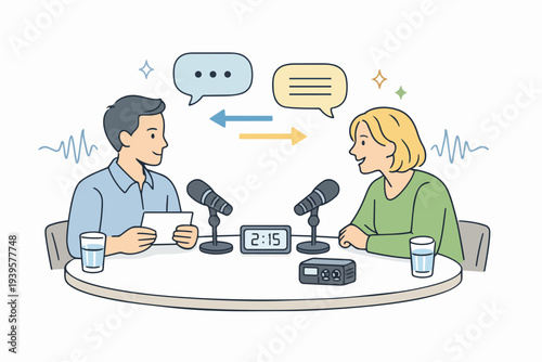 People recording podcast, host interviewing guest, audio broadcasting communication
