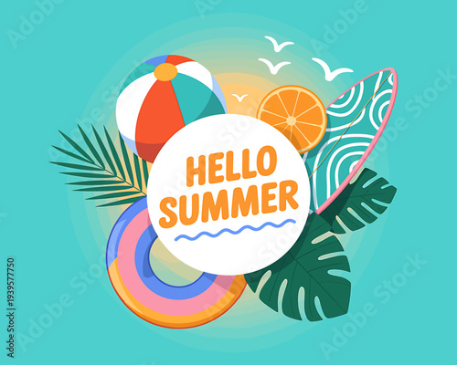 Hello summer colorful beach objects and tropical leaves on turquoise background